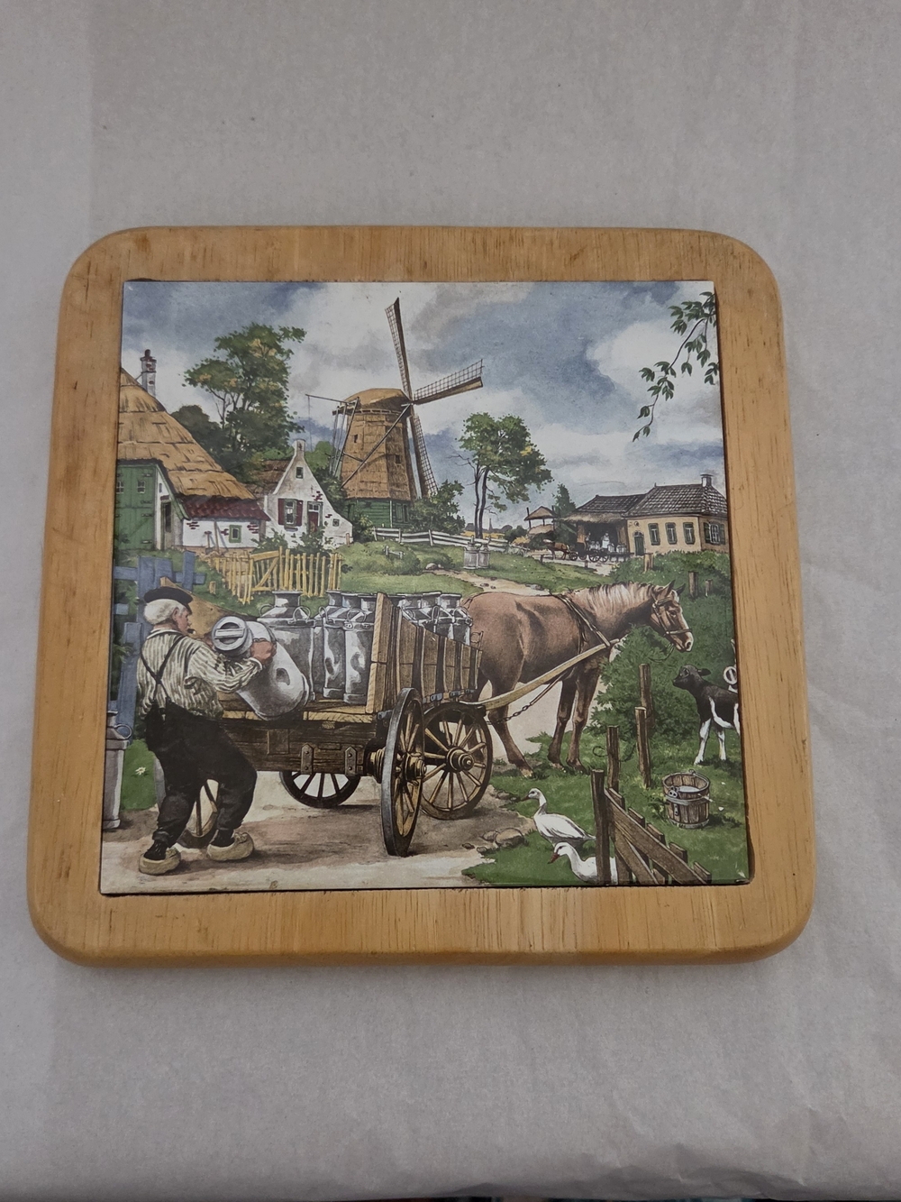 Vintage Royal Mosa Holland Framed Ceramic Tile Trivet – "Dutch Milkman"